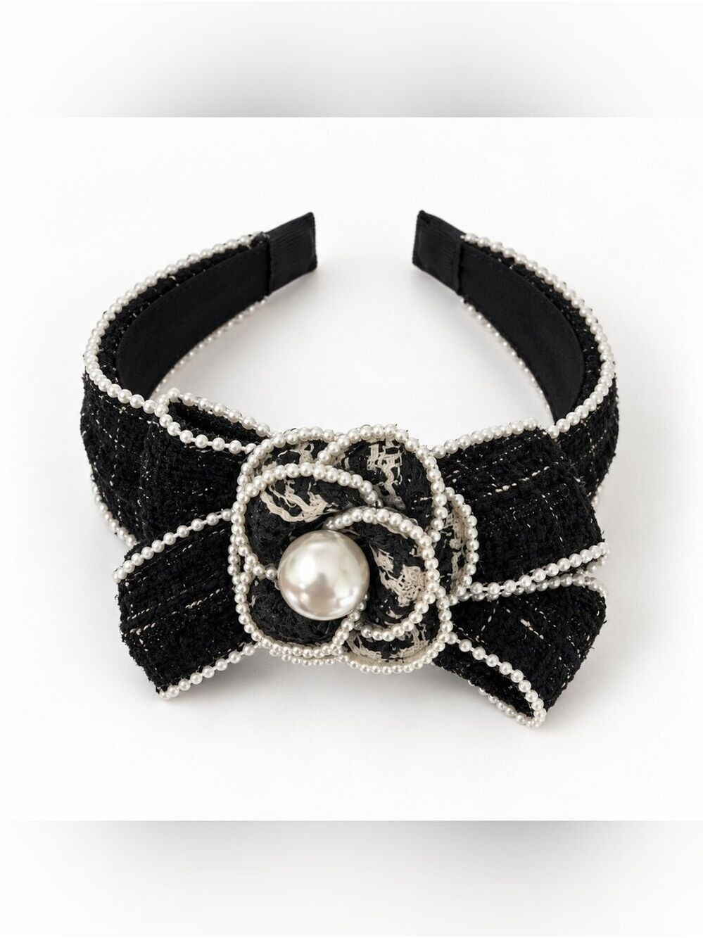 Black Tweed Pearl Flower Statement Headband - Picture 1 of 3